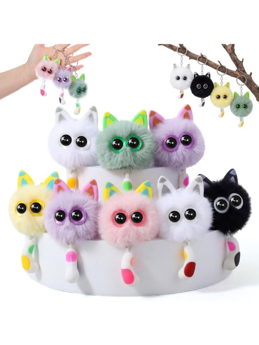12 Pcs Cute Cat Plush Keychains | Fuzzy Pom Pom Bag Charms for Cat Lovers